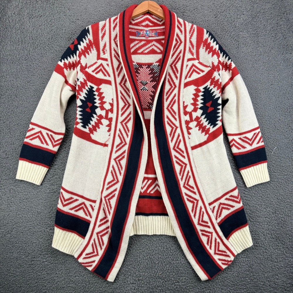Pink Rose Southwest Aztec Geometric Knit Open‎ Front Cardigan Red Cream SW14039